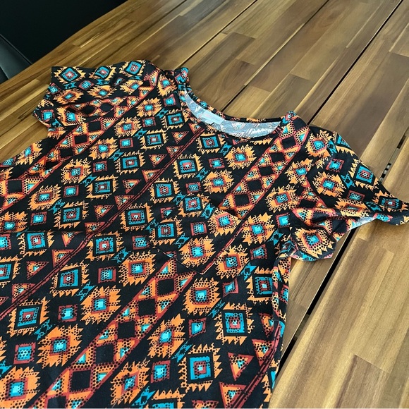 LulaRoe Aztec Tribal Carly Swing Dress Size XL Blue Teal Black Orange High-Low - Picture 2 of 6